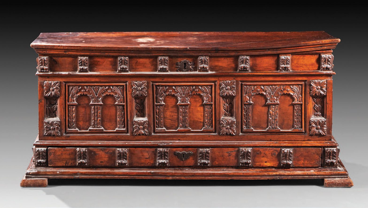 Null Carved walnut masculine wedding chest decorated on the front and sides with&hellip;