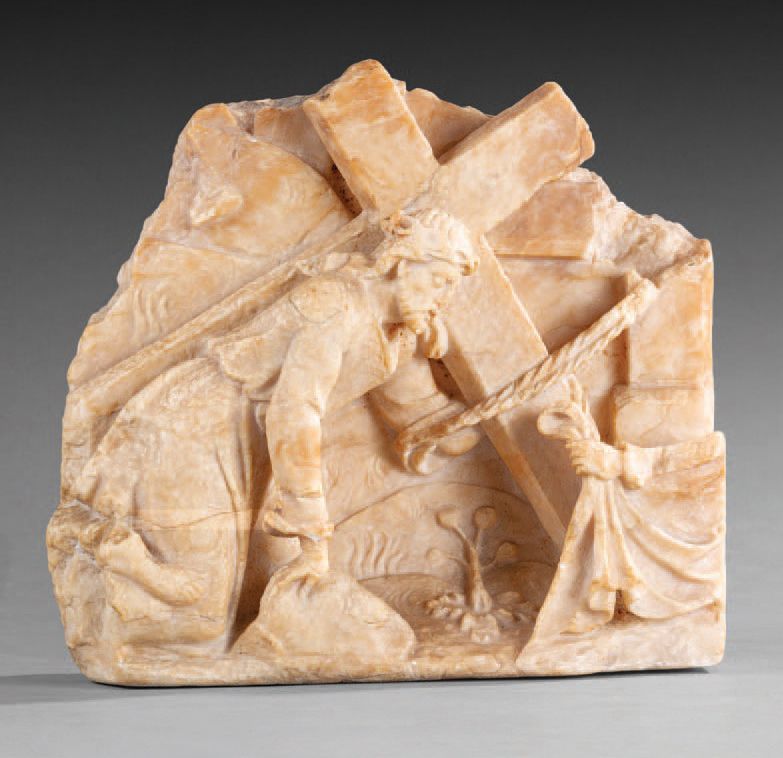 Null Fragment einer Kreuztragung aus Alabaster, das als Flachrelief geschnitzt w&hellip;