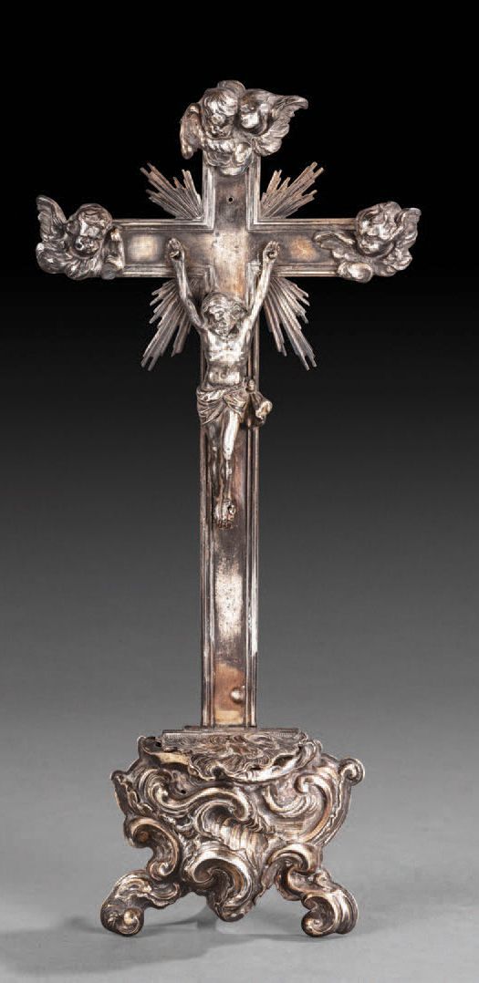 Null Gilded and chased silver crucifix stoup with lid, decorated with rocaille a&hellip;