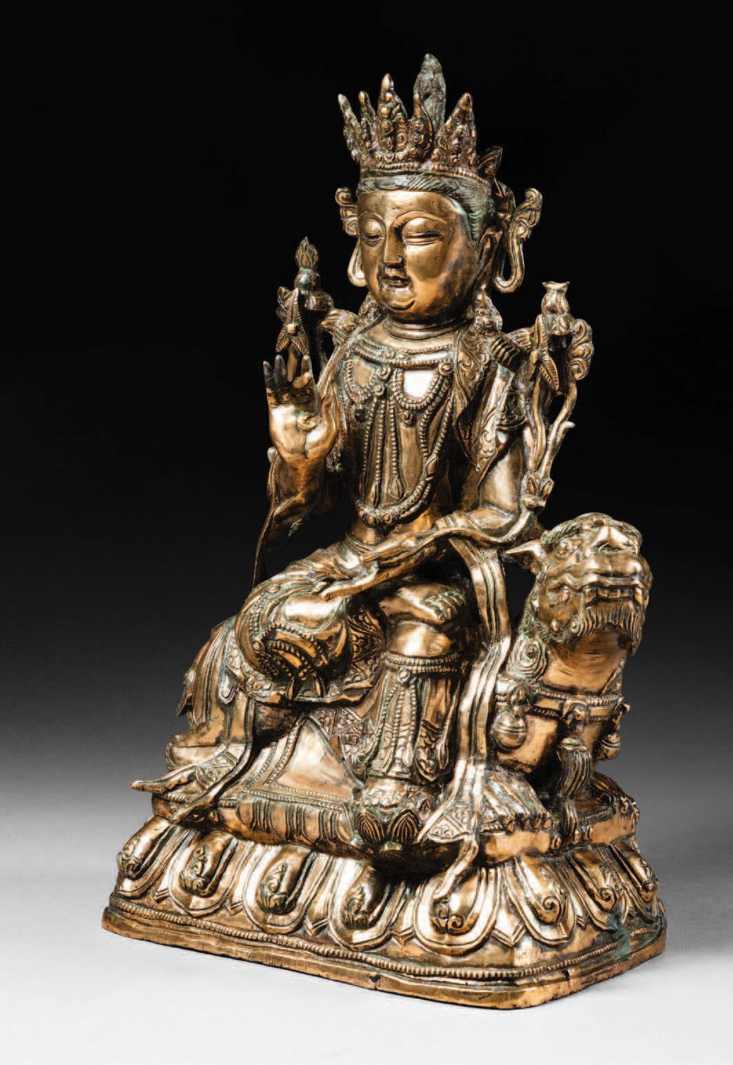 Null Wenshu sur le lion
Chine, dynastie Ming (1368-1644)
Alliage de cuivre
H. 32&hellip;