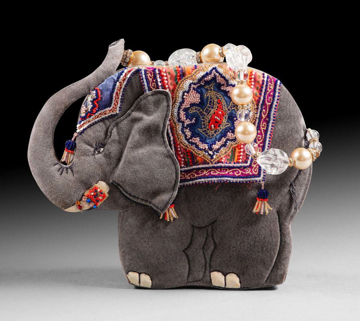 LESAGE Paris Evening bag featuring an elephant in gray suede, adorned with handm&hellip;