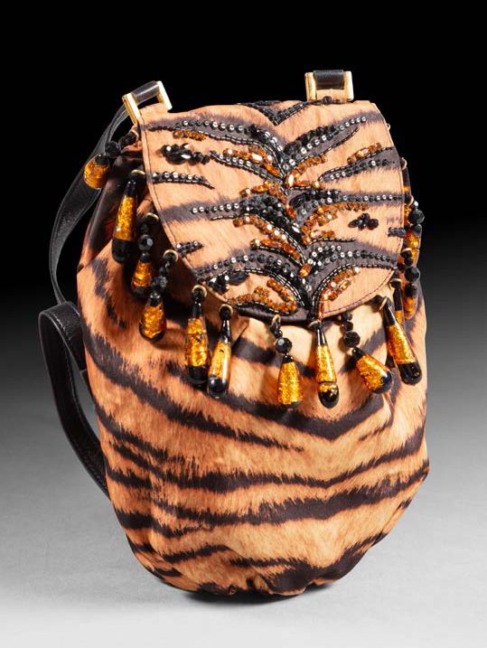 LESAGE Paris Silk tiger-print evening backpack partially embroidered with rhines&hellip;