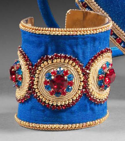 LESAGE PARIS Gilt metal cuff bracelet entirely covered in royal blue ottoman wit&hellip;