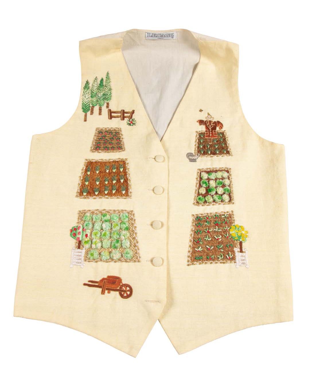 LESAGE Paris Cotton vest embroidered with vegetable garden and farm scenes