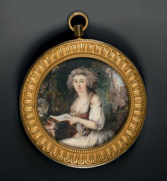 Jean-Baptiste HOIN (1750 - 1817) 
Portrait de femme assise à sa table tenant une&hellip;