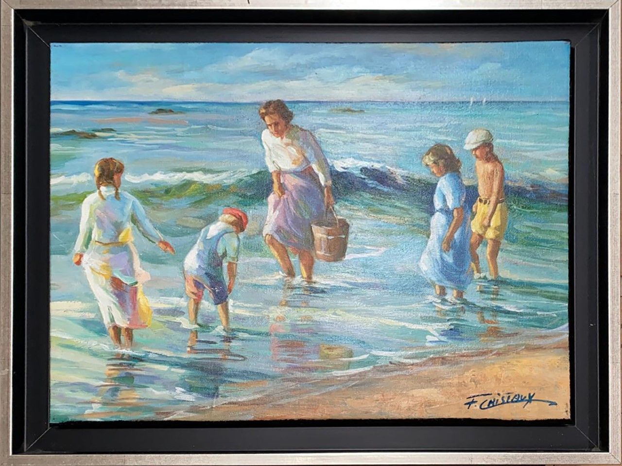 CRISTAUX Francis (1950-) Oil on canvas "MOTHER AND CHILDREN IN THE WAVES",Signed&hellip;