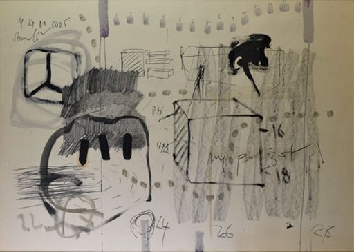 STEMMELIN Luc (1968- ) 混合媒体 "M, PARIZOT"，左上角有签名和日期27.01.2005，格式：69 x 99 x 0cm。