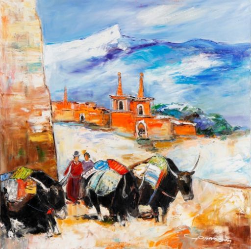 GASSMANN Bernard (1942 - ) 布面油画《经过西藏山丘》，背面有标题，右下方有签名，背面有会签。格式：100 x 100 x 0厘米。