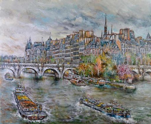 DUMONT Claude (1938 - ) Huile sur toile"PARIS, LA SEINE, LE PONT NEUF L ILE DE L&hellip;