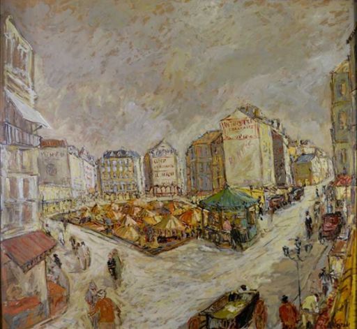 CLAUZADE Marc (1957- ) 油画板 "PLACE DU MARCHE"，右下角有签名。