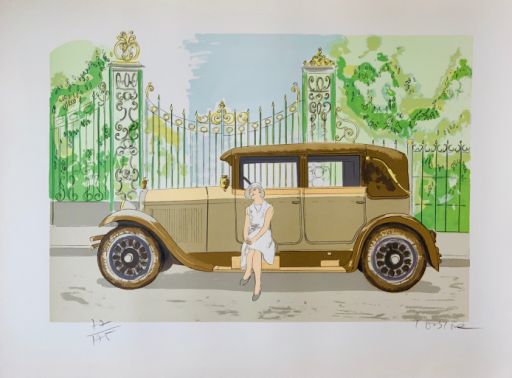 ECOLE MODERNE (XXème siècle) Lithographie"VOITURE DE COLLECTION",Signée au crayo&hellip;