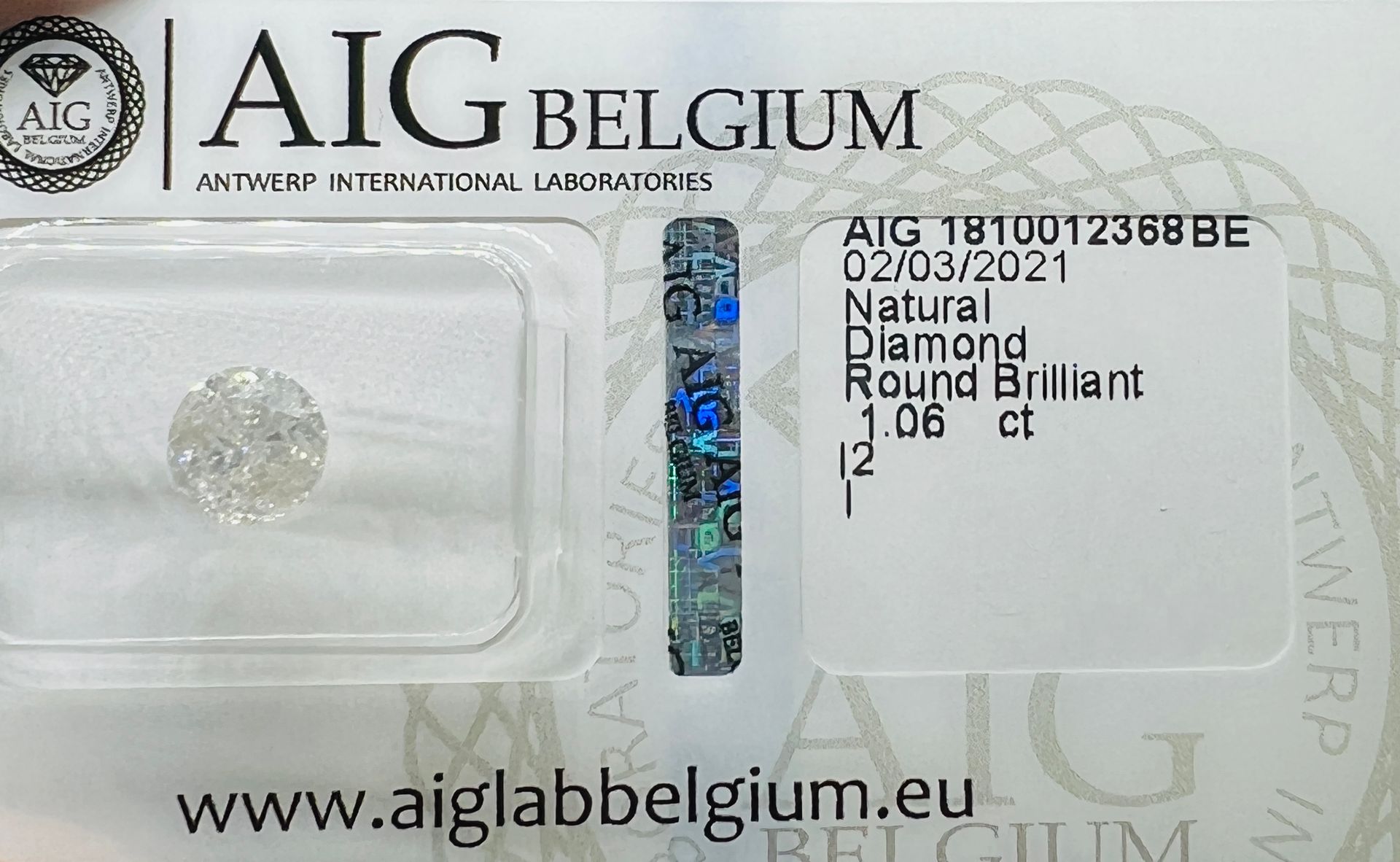 Diamant 白钻1.06克拉，AIG证书