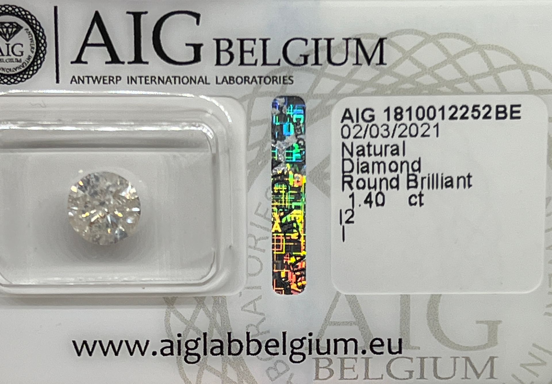 Diamant 1.40 carat white diamond with AIG guarantee certificate