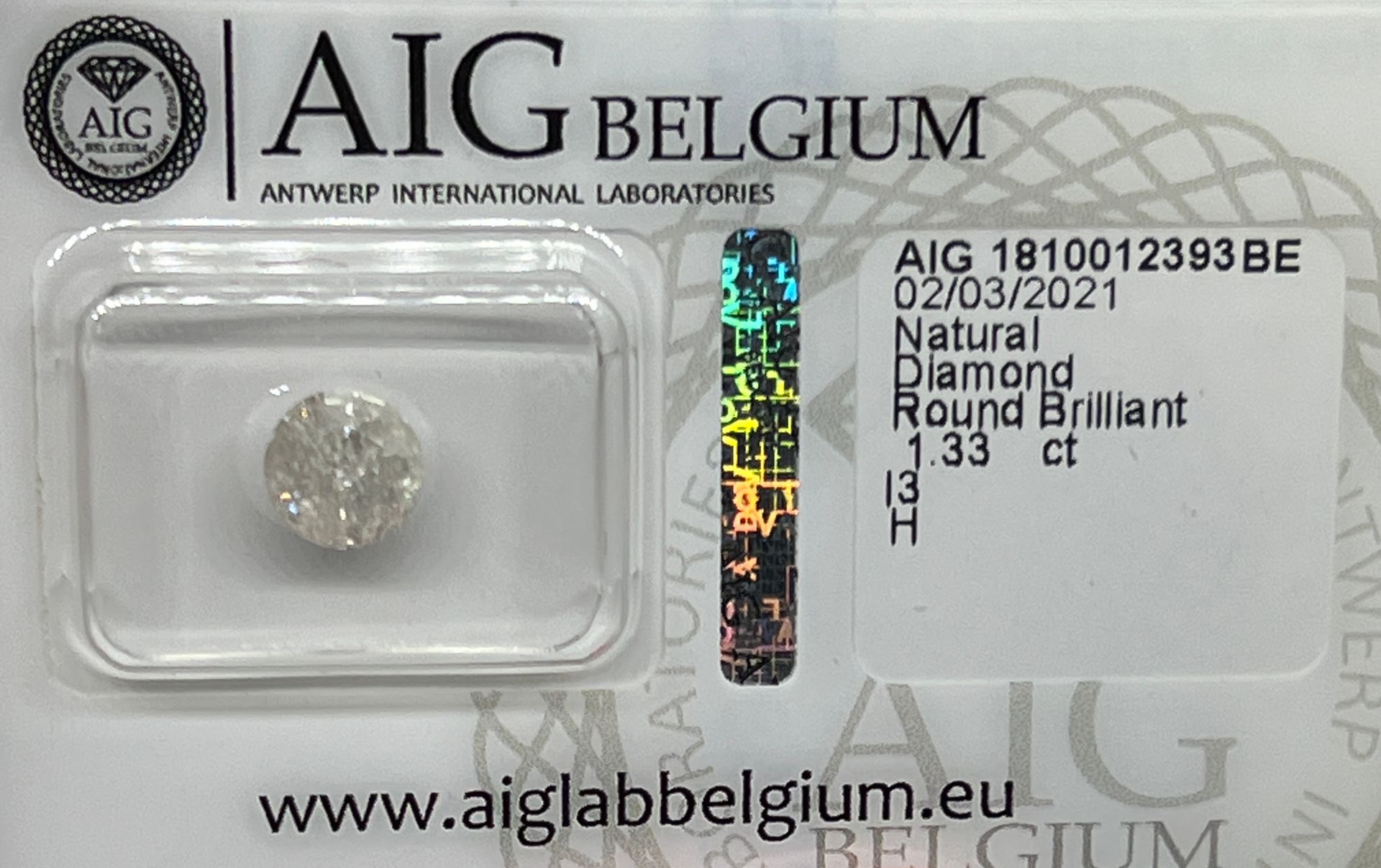 Diamant 1.33 carat white diamond with AIG guarantee certificate