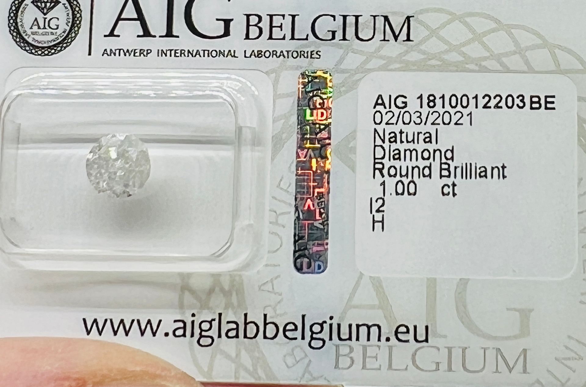 Diamant WHITE DIAMOND 1.00 Carat, AIG certificate