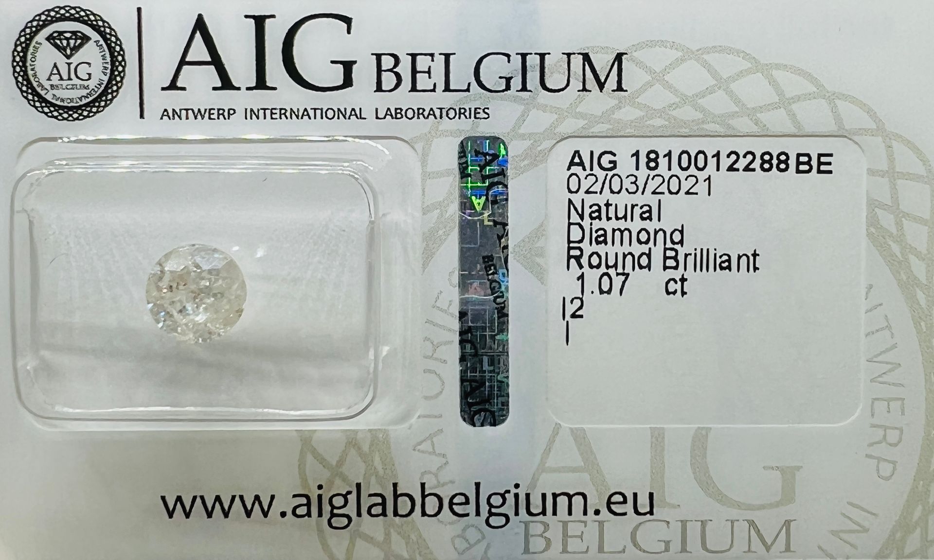 Diamant WHITE DIAMOND 1.07 Carat, AIG certificate