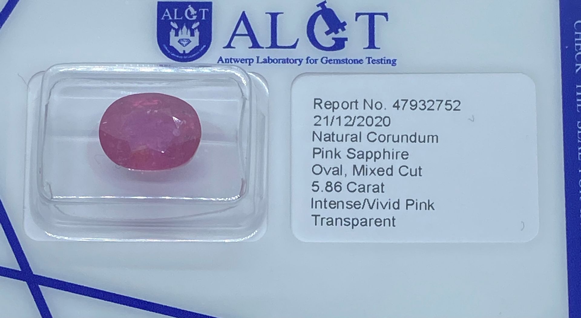 SAPHIRE SAPHIRE ROSE de 5,86 carats certificat AIGT