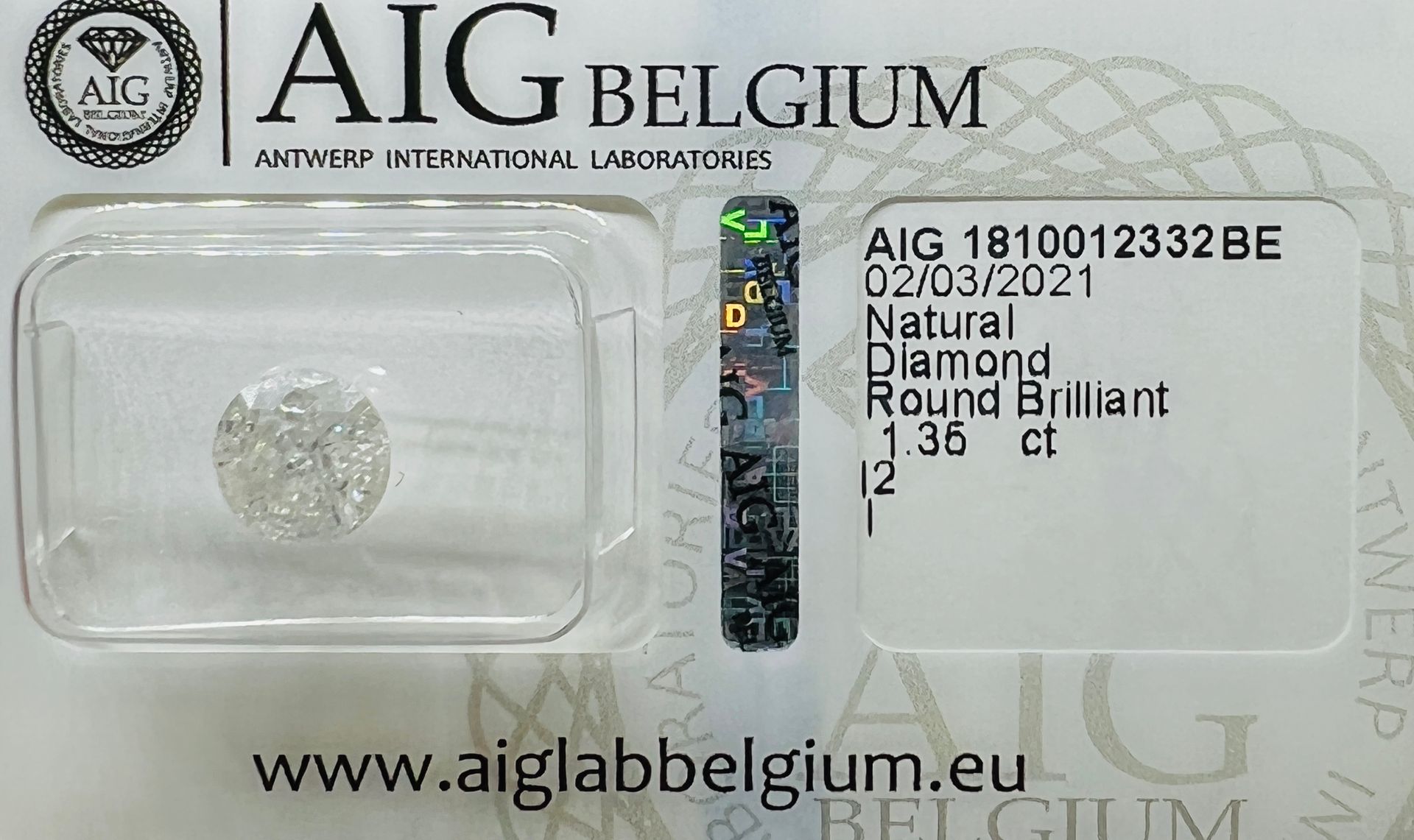 Diamant WHITE DIAMOND 1.35 Carat, AIG certificate