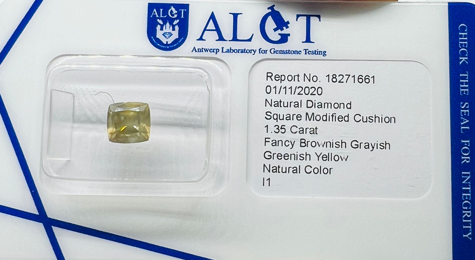 Diamant 1.35克拉的黄色棕色钻石AIGT证书