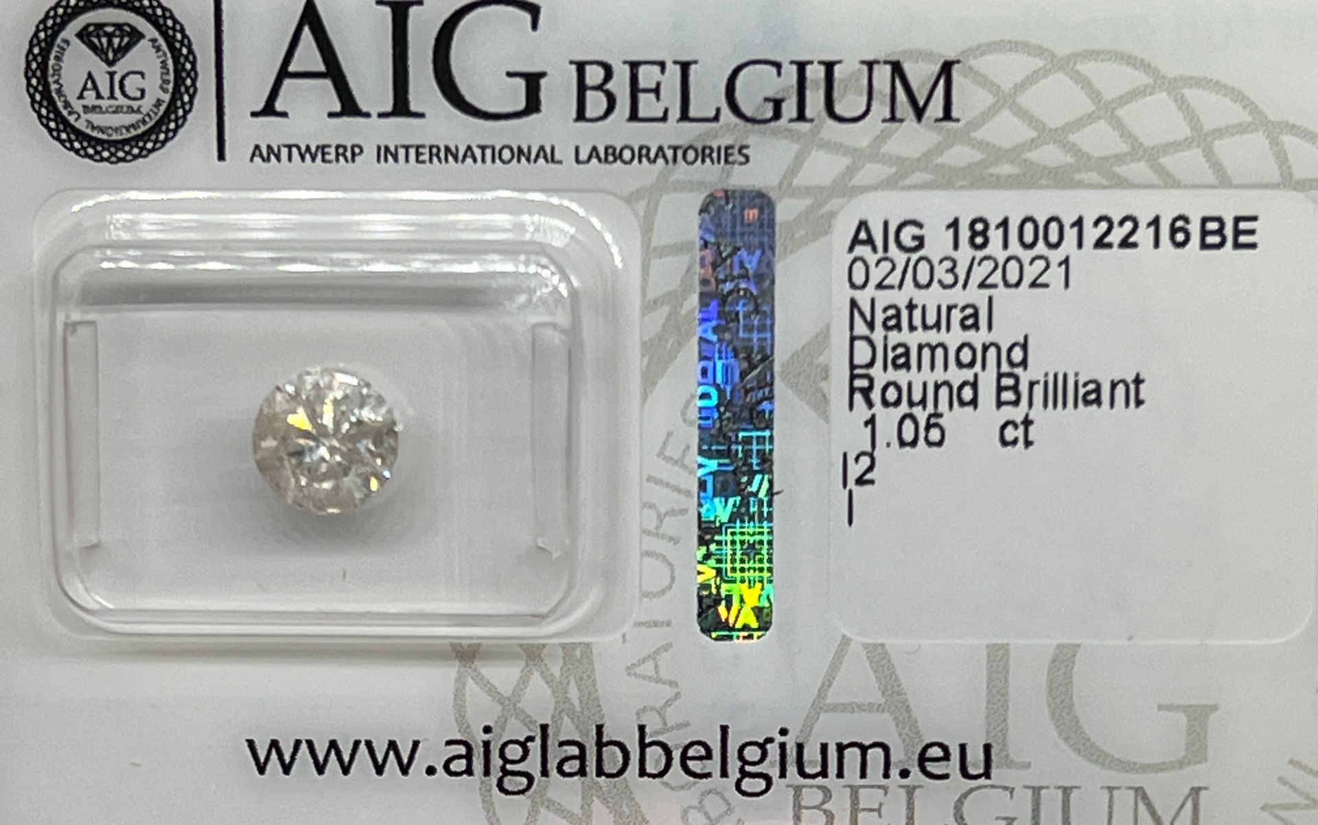 Diamant 1.05 carat white diamond with AIG guarantee certificate