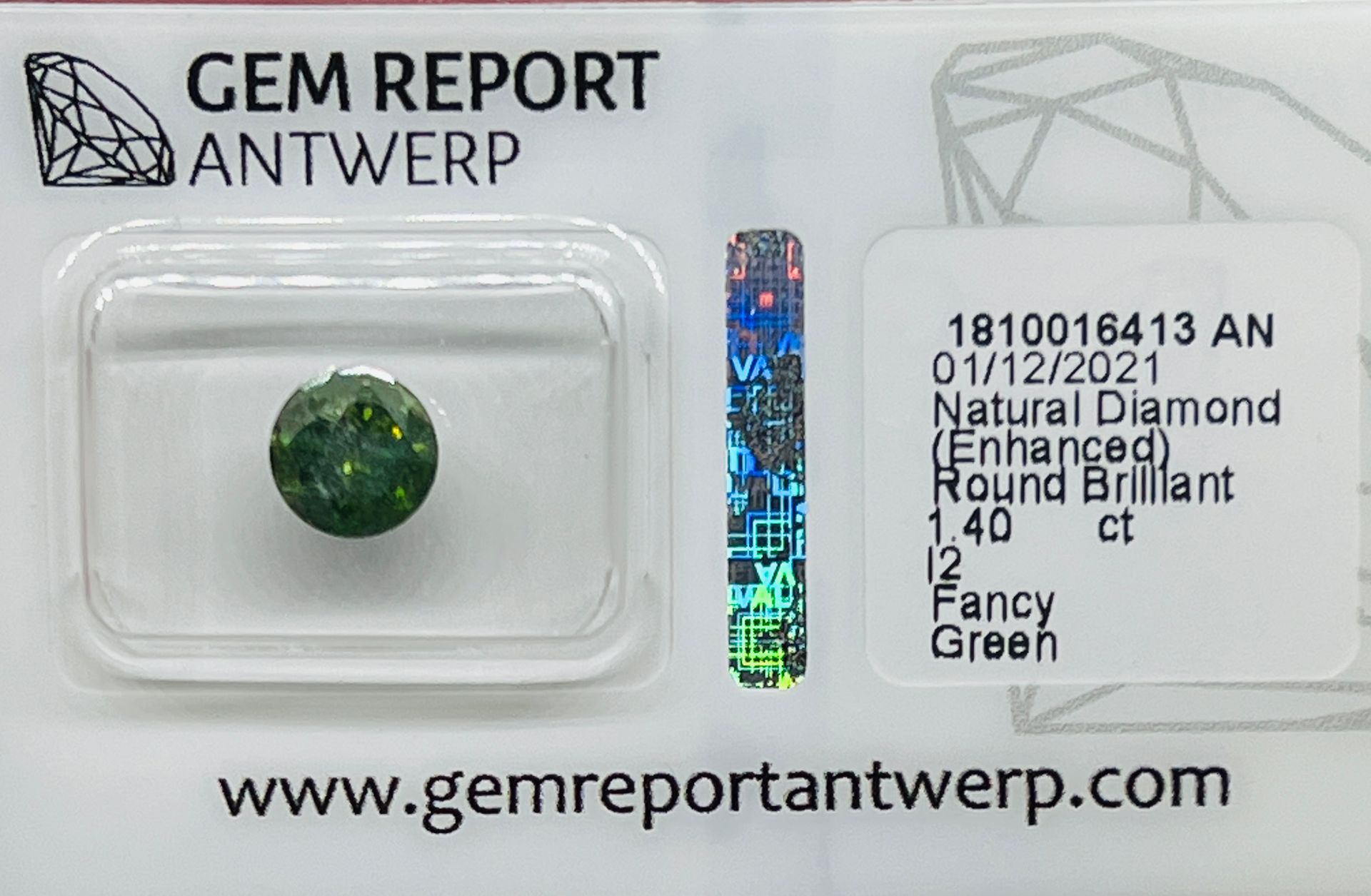 Diamant GREEN DIAMOND of 1,40 carat with GEM guarantee certificate
