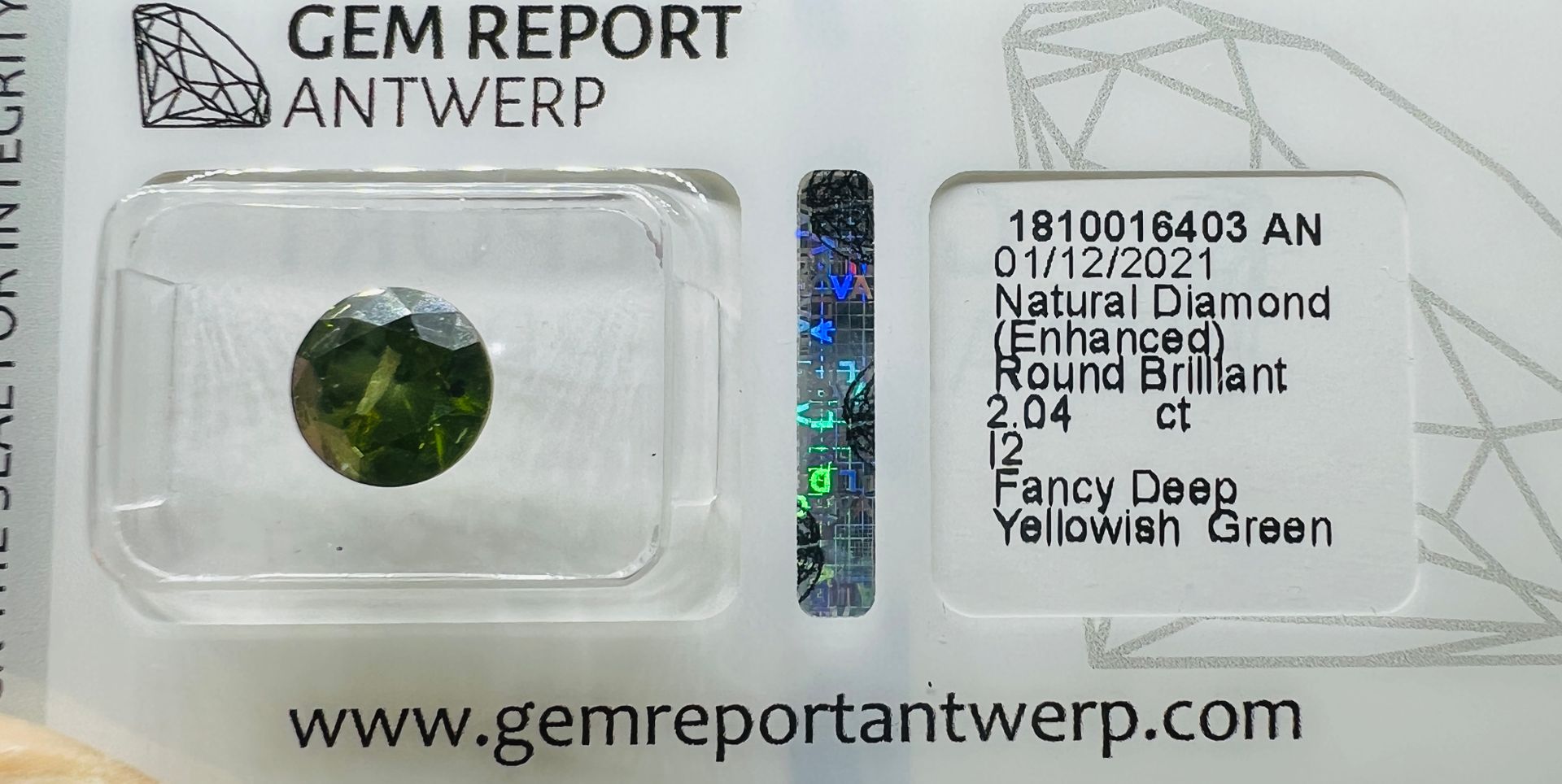 Diamant DIAMANTE GIALLO VERDE 2,04 carati, certificato GEM REPORT