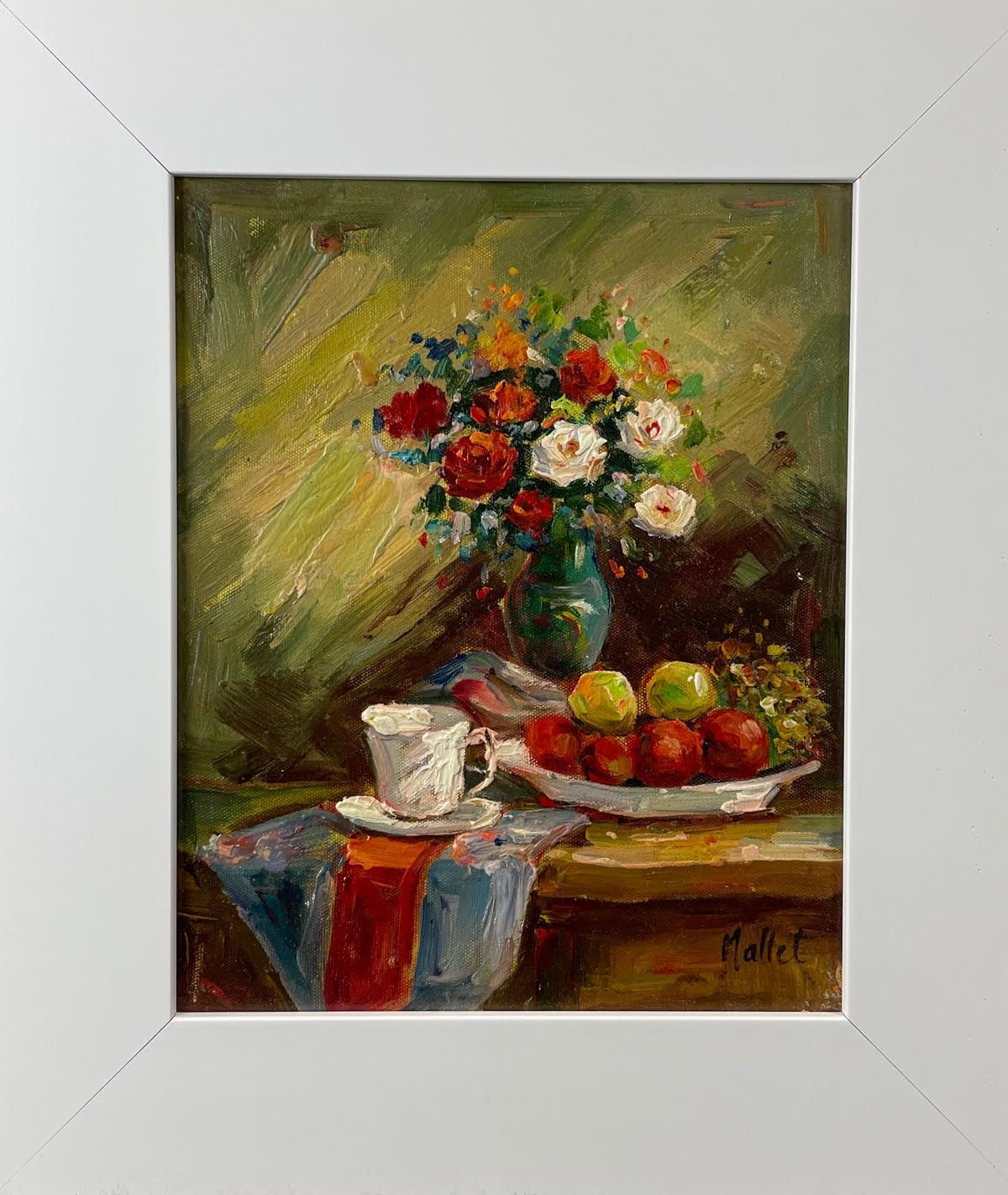 MALLET Edouard (XXème siècle) Huile sur toile"BOUQUET ET ASSIETTE DE FRUITS",Sig&hellip;