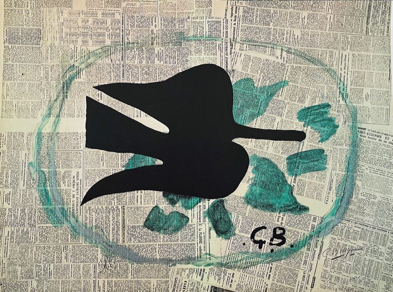 BRAQUE Georges (1882 - 1963) 石版画 "鸟在田野里"，右下方有签名，根据1961年的作品。纸张大小为31x41厘米。精美的牛皮纸。我&hellip;