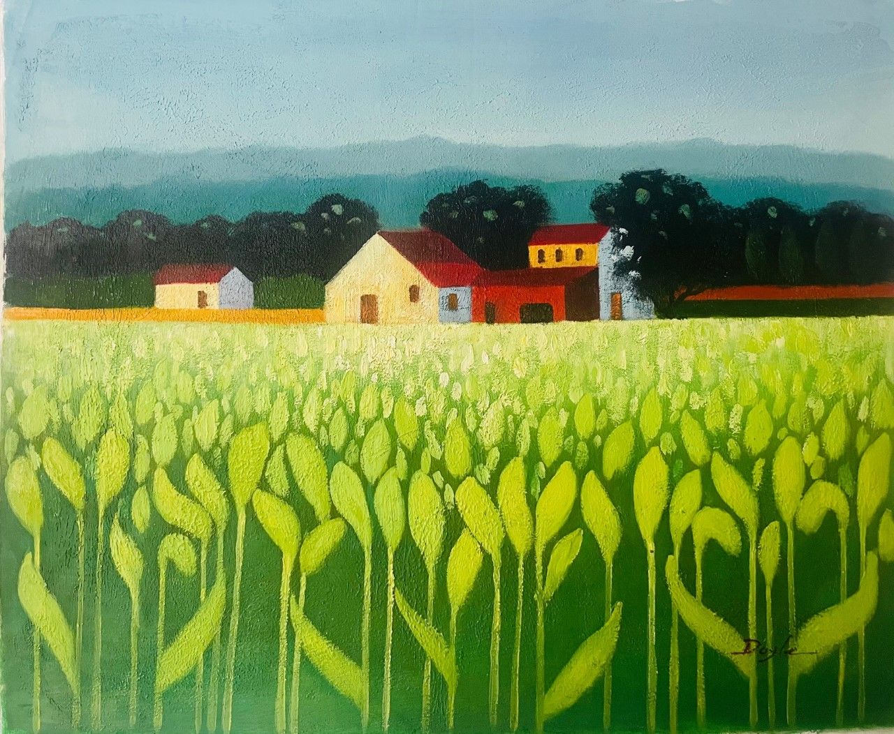 DOYLE Chris (20e eeuw) 油画 "THE FARM"，右下角有签名。格式：50 x 61cm我们可以通过Colissimo挂号邮寄您的作品，&hellip;