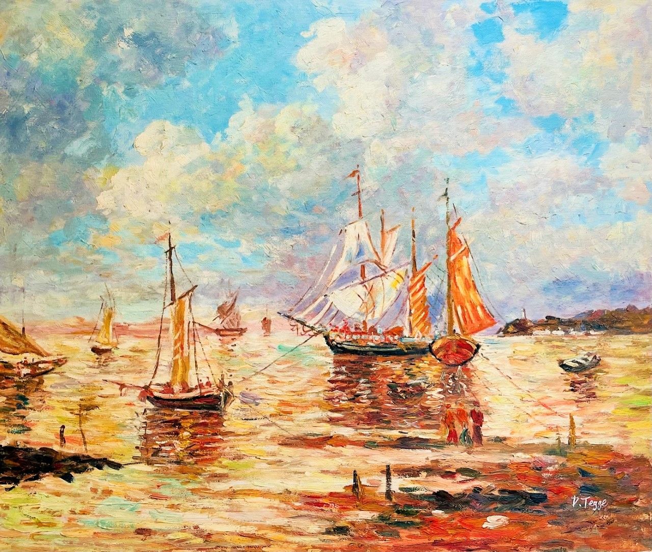 DIDIER TEGGE (20e eeuw) Oil on canvas "THE DEPARTURE OF THE SAILORS "Signed on t&hellip;