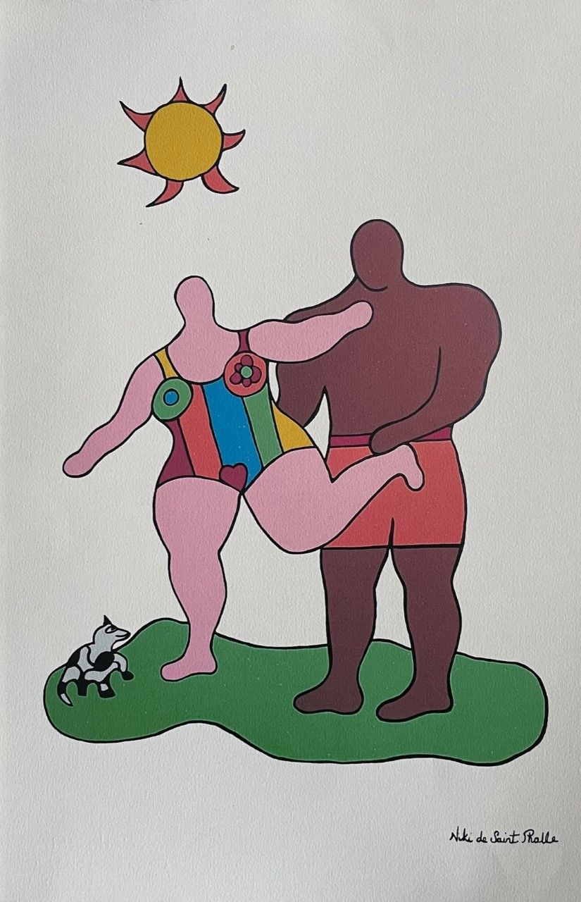 NIKI DE SAINT PHALLE (1930 - 2002) 右下角有石刻签名的 "A LA PLAGE"，根据艺术家的作品用彩色印刷在拱形的牛皮纸上。&hellip;