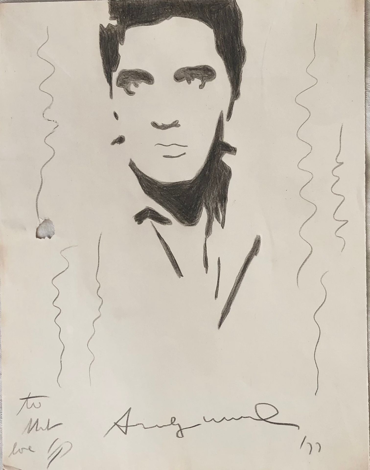 WARHOL Andy (1928-1987) "纸上黑色铅笔画原作。29,5 cm x 23 cm 左侧有少量缺款（证书上有注明），签名，日期为77年，献给 &hellip;