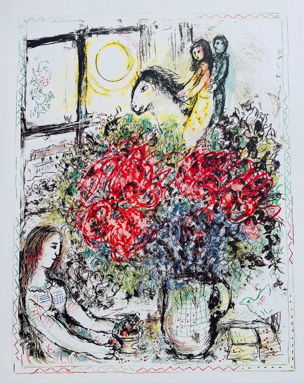 CHAGALL Marc (d'après) (1887 - 1985) 石版画 "LE BOUQUET ROUGE"，右下角有签名，用厚的艺术纸印刷尺寸：63&hellip;