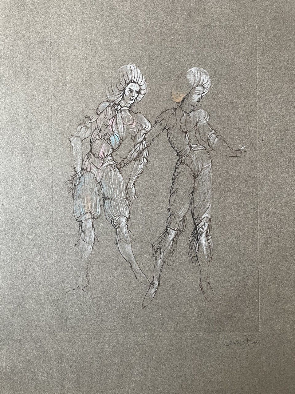 FINI Léonor (1908 - 1996) 右下角有铅笔签名的雕刻 "The Dancing COUPLE"。灰色磨坊手工纸67x49cm.格式：46x&hellip;