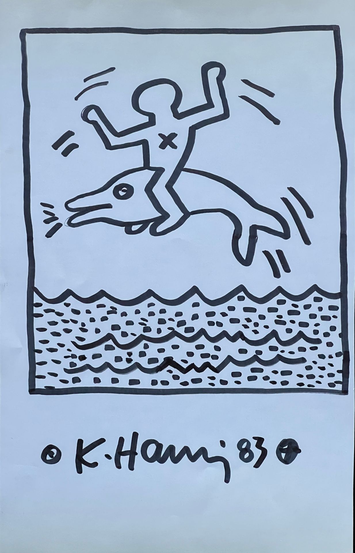 Null HARING Keith (1958 - 1990). « MAN ON DOLPHIN » Dessin original signé et dat&hellip;