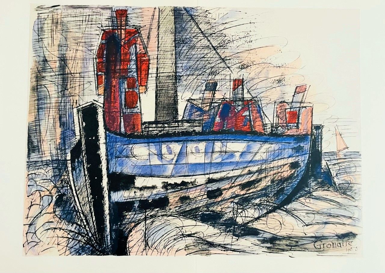 Null GROMAIRE Marcel (1892 - 1971). Lithography "THE BIG FISHING BOAT (1951) "Si&hellip;