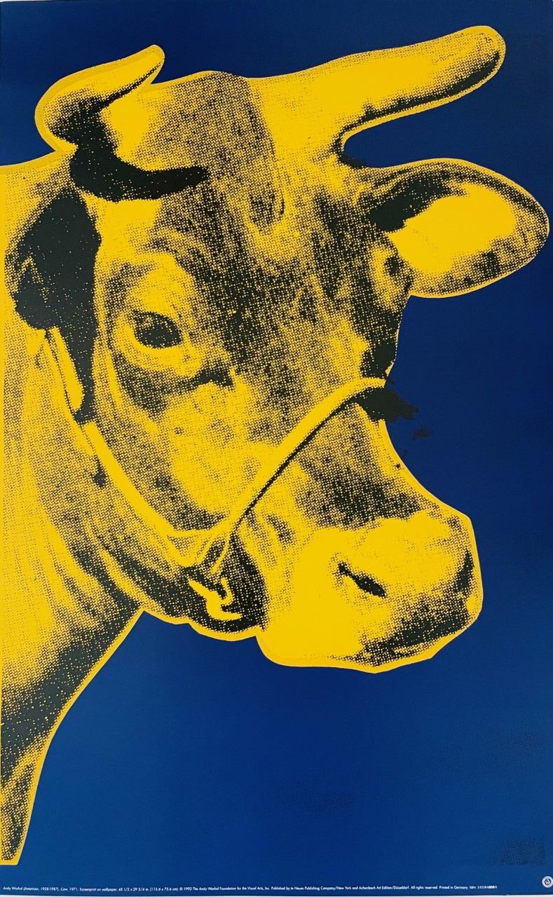 WARHOL Andy (d'après) (1928 - 1987) Sérigraphie"VACHE JAUNE SUR FOND BLEU" D'apr&hellip;