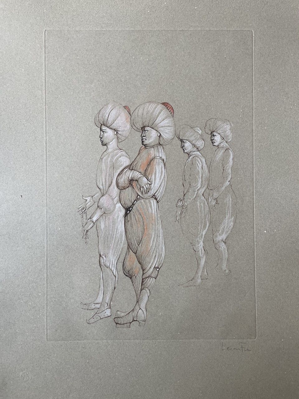 FINI Léonor (1908 - 1996) 右下角有铅笔签名的雕版画 "MEN WITH TURBANS"。纸张尺寸：67 x 48米。手工制作的灰色磨&hellip;