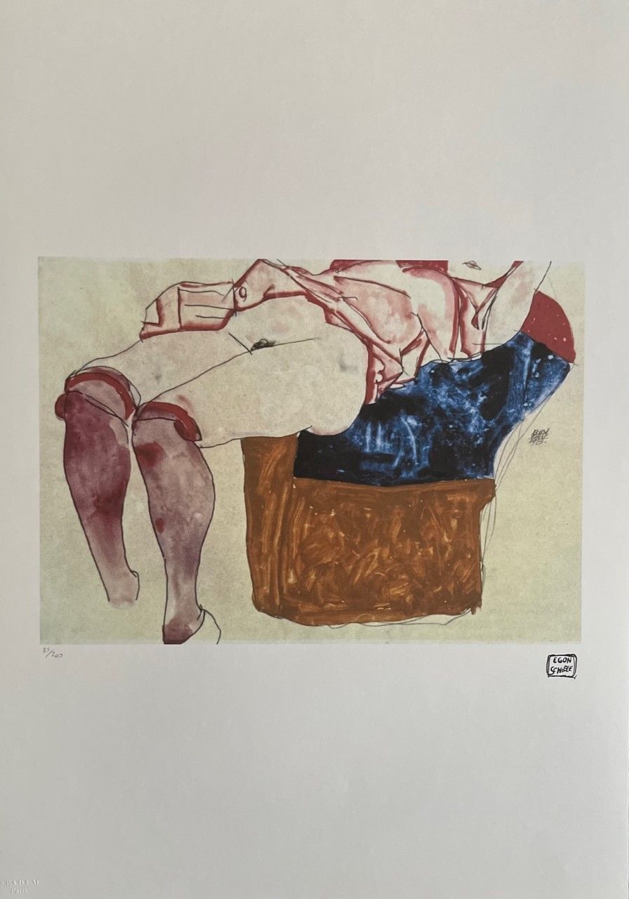 SCHIELE Egon (1890 - 1918) Lithograph "NUDE IN THE CHAIR" Signed in stone in the&hellip;