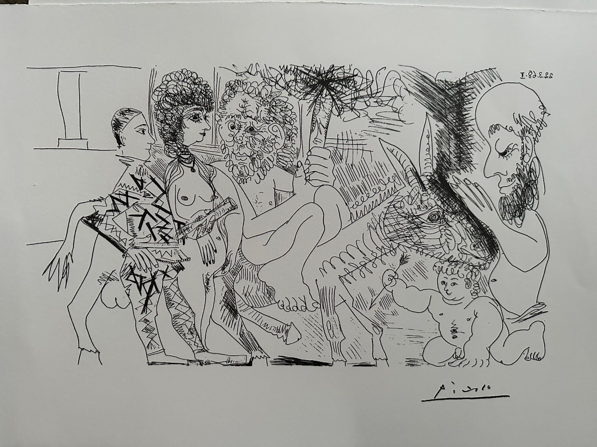 PICASSO Pablo (d'aprés) (1881 - 1973) 石版画 "骑着爱驴的老男人，女人和哈雷金，1968年"，右下角有石头签名。 在盘子的&hellip;