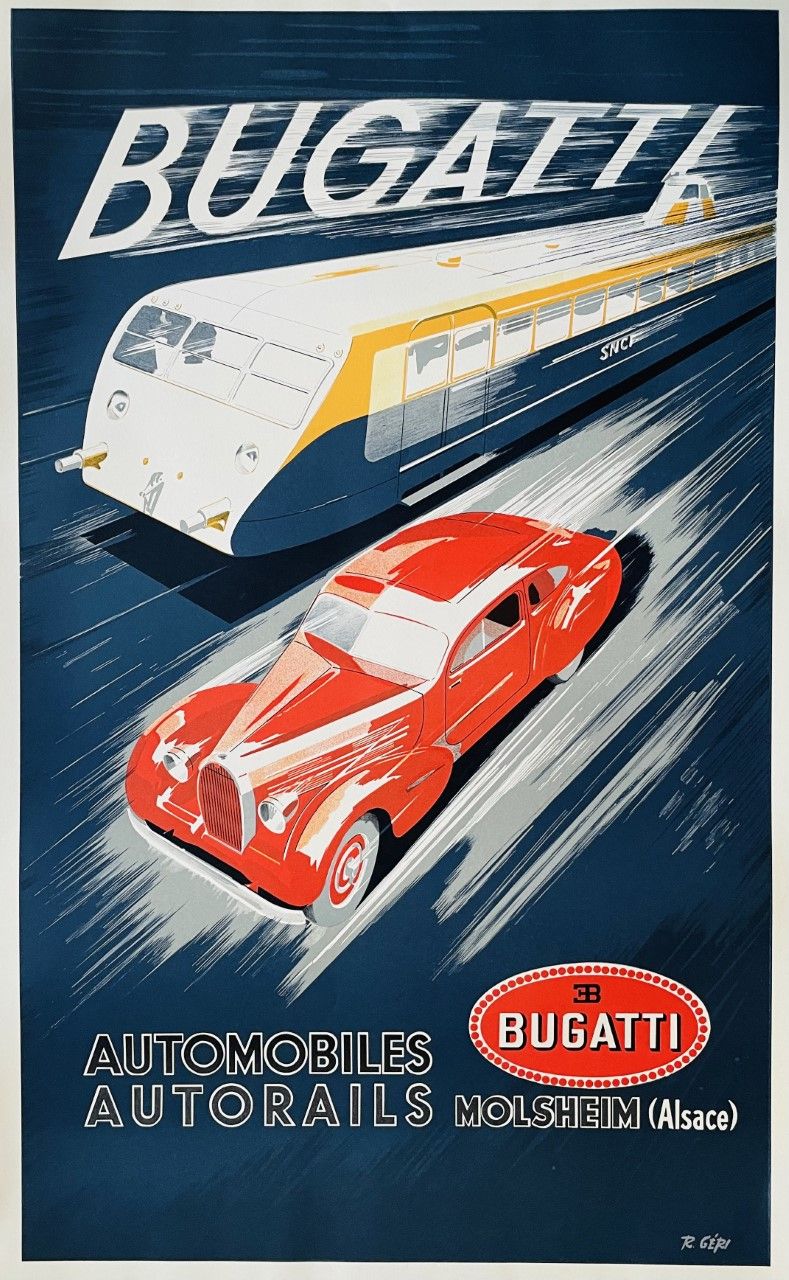 R. GERI (Affichiste XXème) Lithography "BUGATTI "Signed in the stone in bottom o&hellip;
