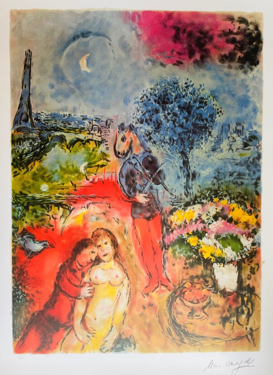 CHAGALL Marc (d'après) (1887 - 1985) Lithography "SAINT VALENTINO BEFORE THE EIF&hellip;