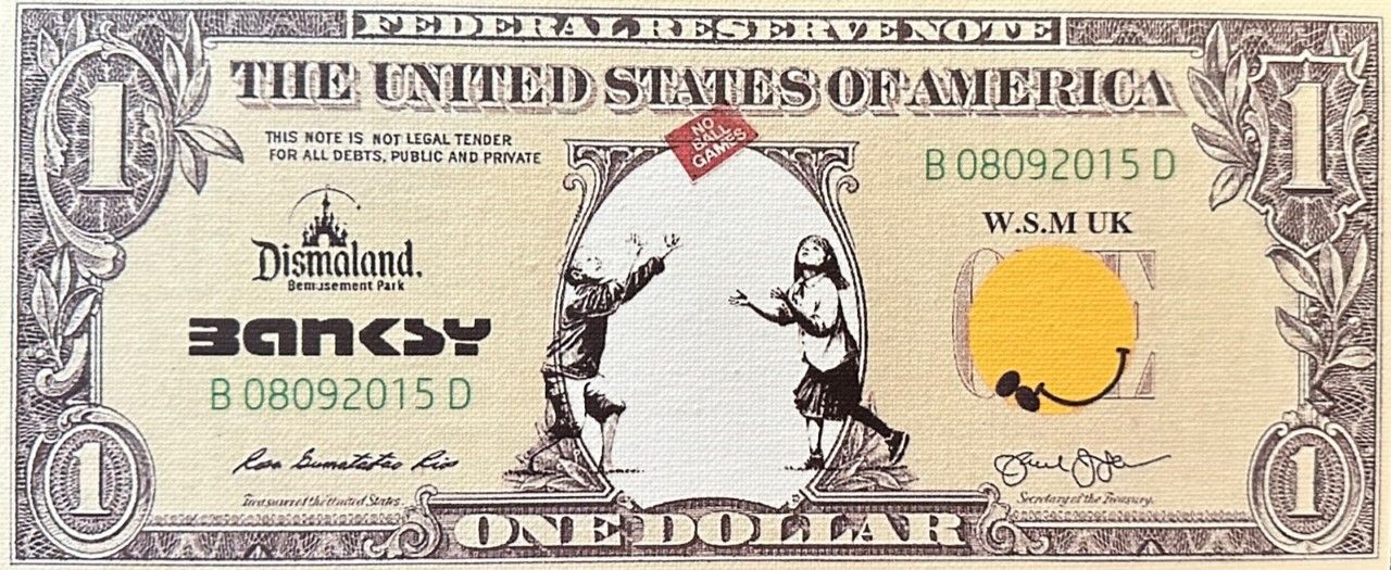 BANKSY (1974 - ) ( d'aprés ) 丝网印刷品 "UNTITLED "布面印刷品--1美元 《秋千上的女孩》--版上有 "Banksy "&hellip;