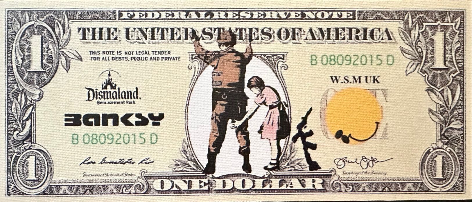 BANKSY (1974 - ) ( d'aprés ) 丝网印刷品 "UNTITLED "布面印刷品--1美元 《秋千上的女孩》--版上有 "Banksy "&hellip;