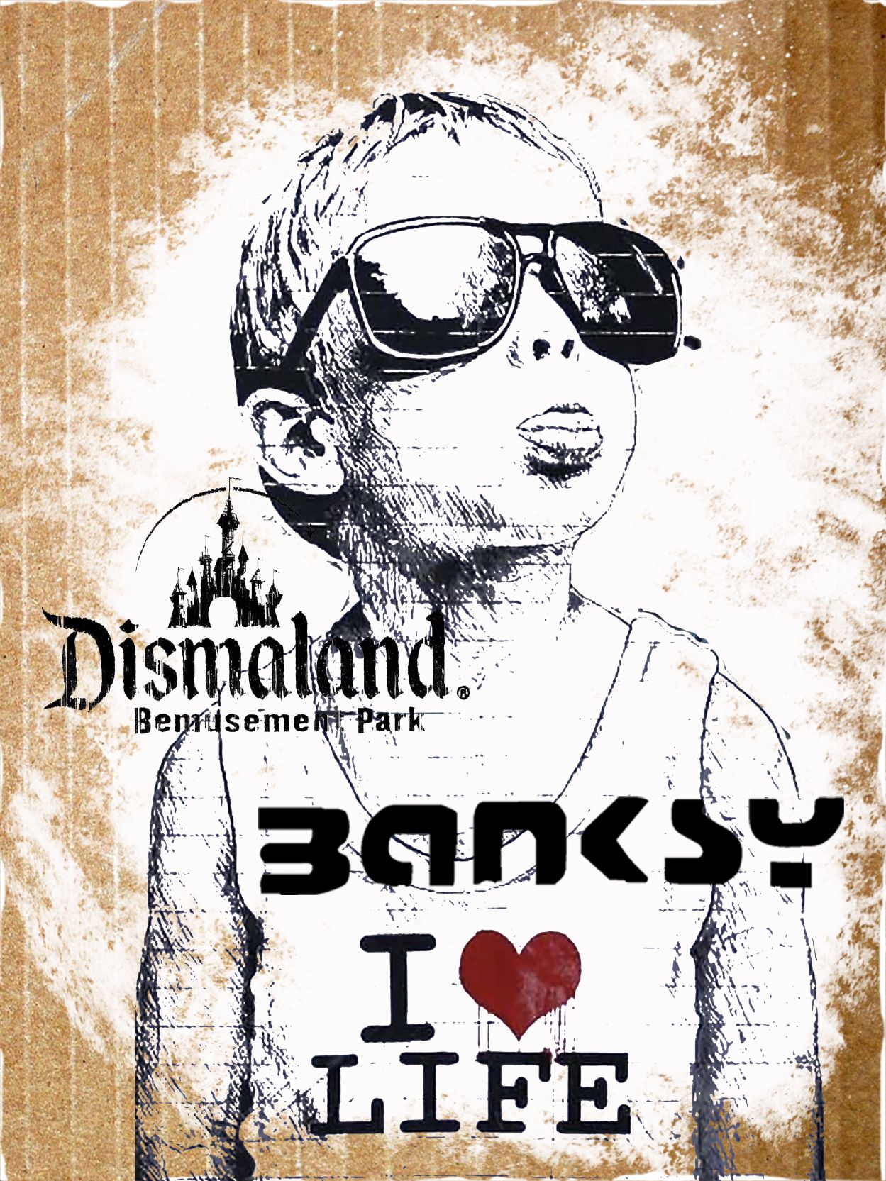 BANKSY (1974 - ) ( d'aprés ) 模板 "I LOVE LIFE "模版并喷涂在纸板上。模板街头艺术 Dismaland 班克斯 .背面&hellip;