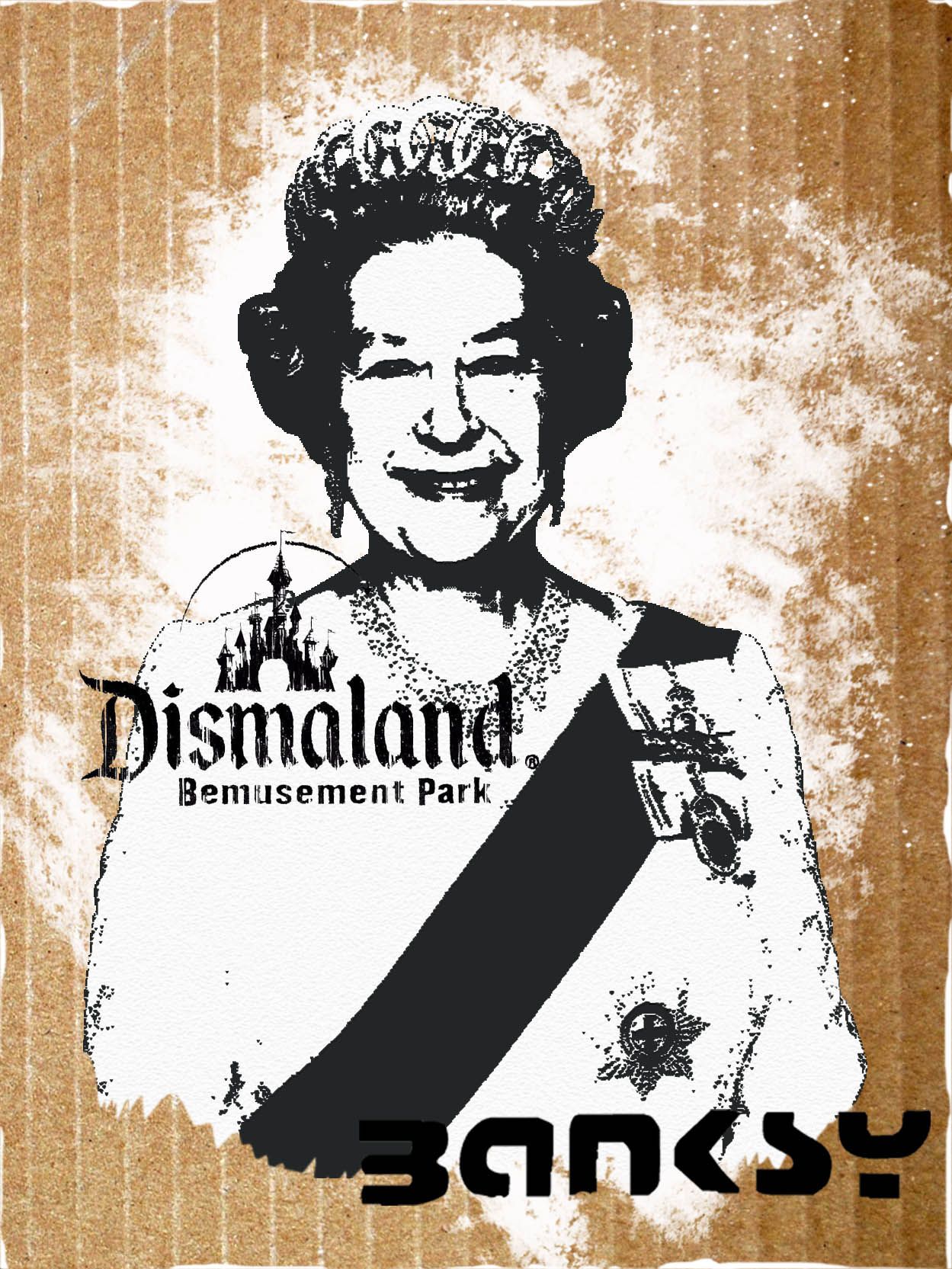 BANKSY (1974 - ) ( d'aprés ) Pochoir"QUEEN II"Pochoir et aérosol sur carton, cac&hellip;