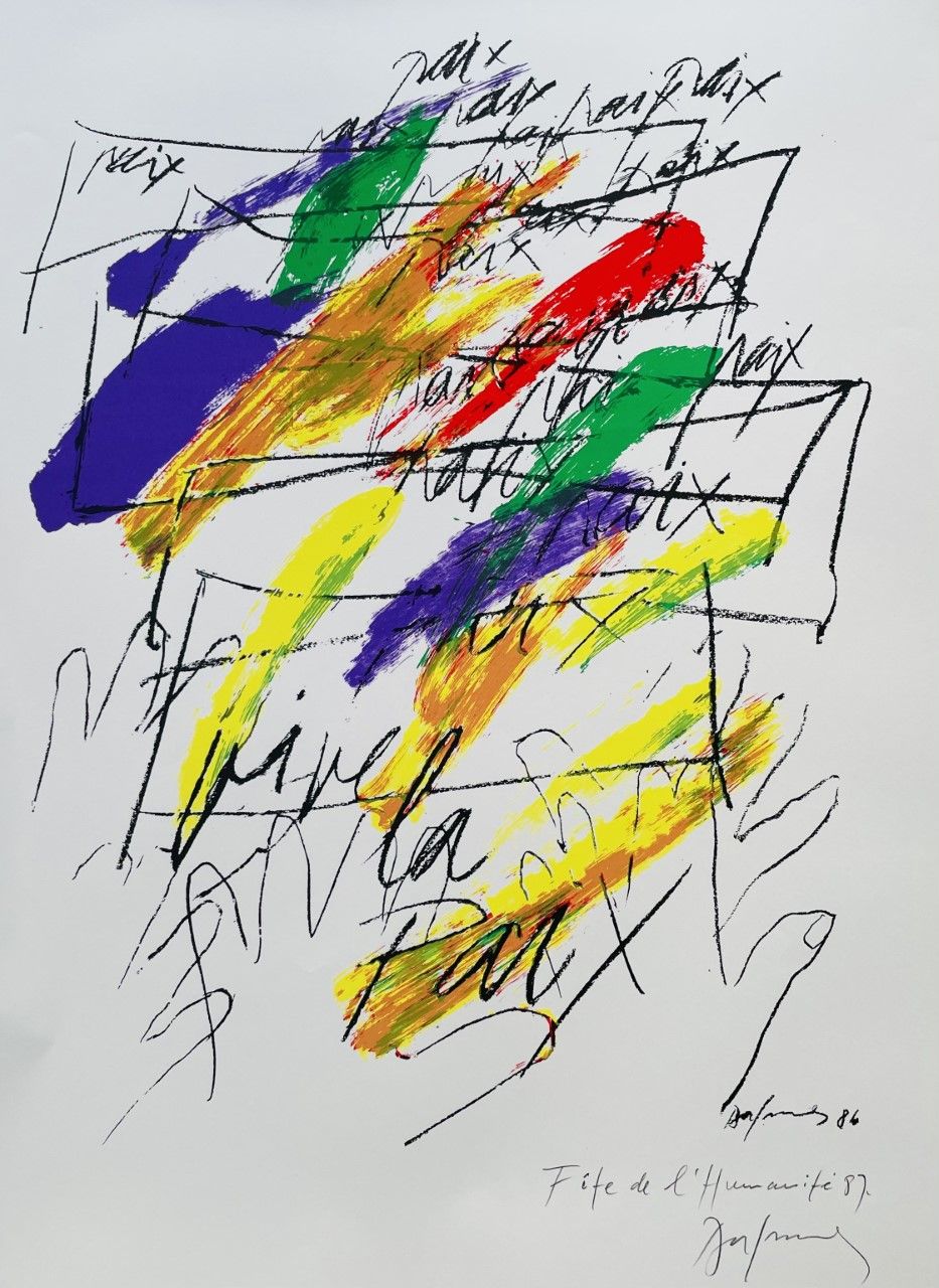 BALMES José ( 1927 - ) 绢画 "COMPOSITION "右下角有签名和日期，用铅笔签名和奉献，1986年编辑的彩色原始绢画。对于有框架的&hellip;