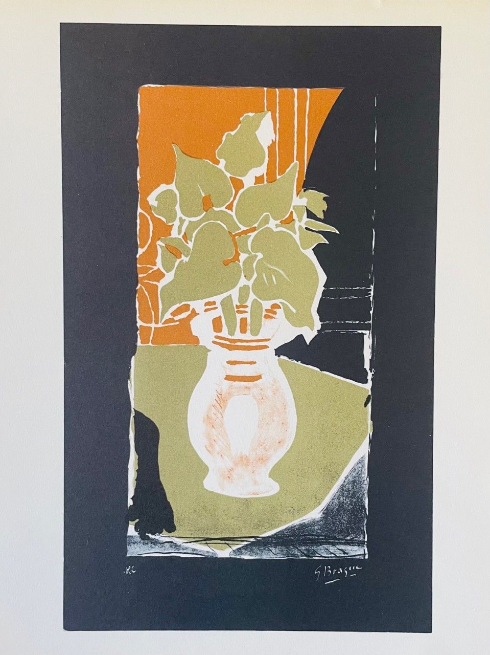 BRAQUE Georges (1882 - 1963) 石板画 "VASE AUX FLEURS"，右下方有签名。左下角石头上有注解HC。 基于艺术家的作品。&hellip;