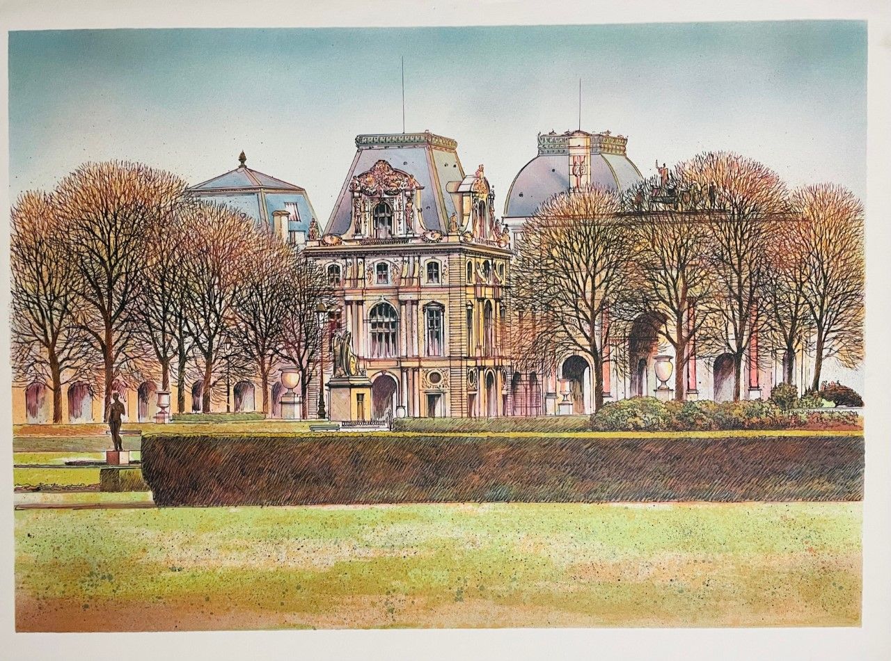 RAFFLEWSKI Rolf (1943 - ) 石版画 "PARIS, LE LOUVRE "根据艺术家的作品，在拱形牛皮纸上进行彩色石版画。纸张尺寸：76&hellip;