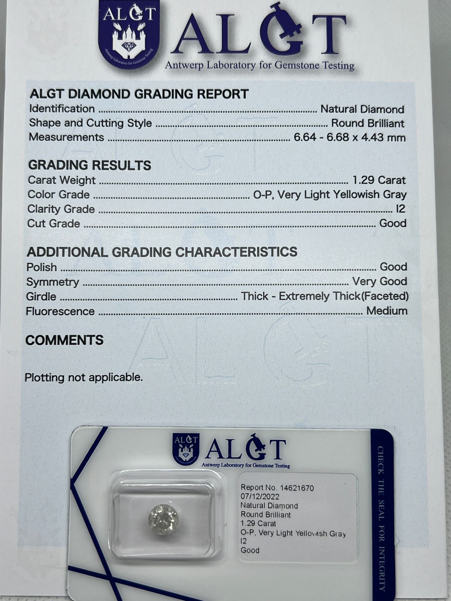 DIAMANT DIAMOND 1.29 carat, certificate of guarantee, the certificate is part of&hellip;